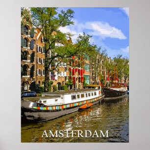Båtar vid Kanalen i Amsterdam Vintage resor Poster