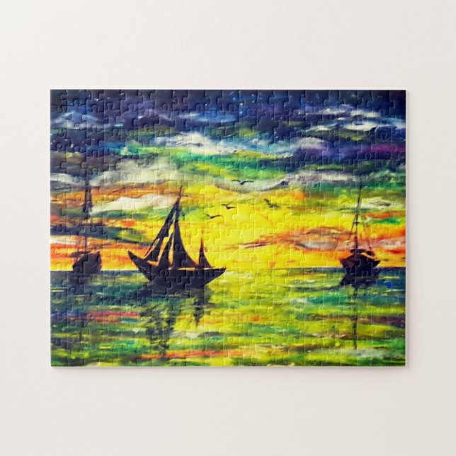 Båtar vid Sunset Jigszawa Puzzle - Målning Pussel (Horisontell)