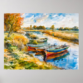 Båtar vilande vid floden Havelland Akvarell Poster