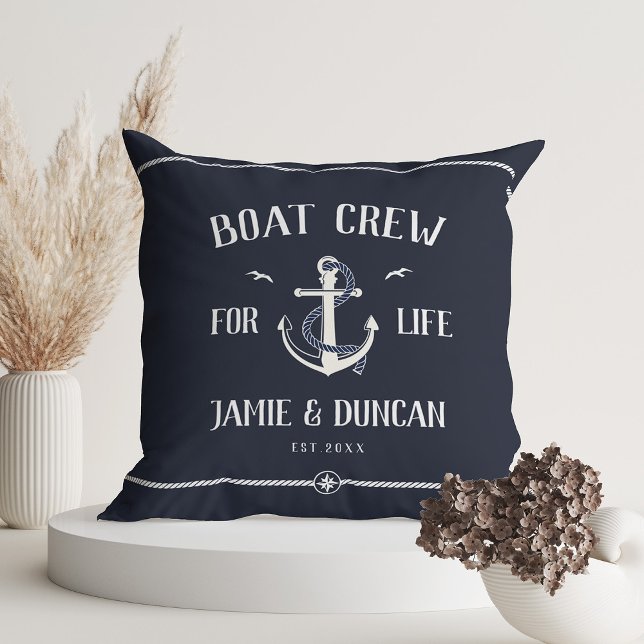 Båtbesättning för det moderna, livskraftiga namnet kudde (Boat crew for Life! Modern anchor throw pillow in classic nautical rich dark navy blue)
