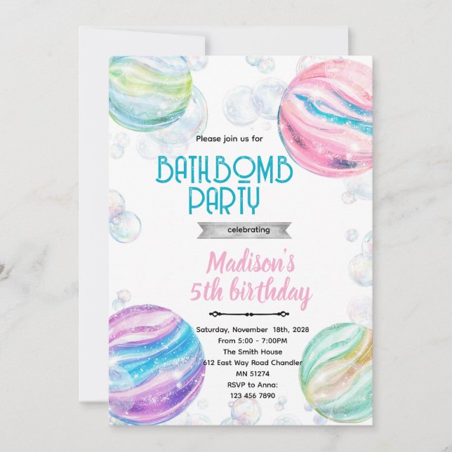 Bath bomb birthday party invitation inbjudningar (Framsida)