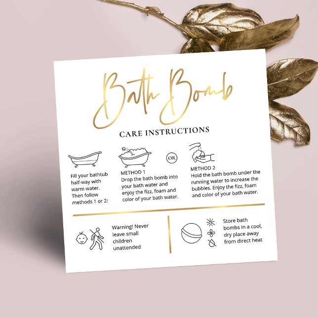 Bath Bomb Care Instructions Chic White & Guld Logo Fyrkantigt Visitkort (Bath Bombs care instructions cards with care icons, gold effects and step-by-step instructions)