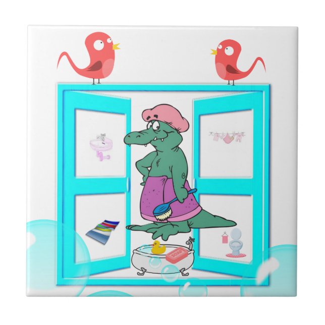 Bath-fåglar av keramiskt plattan Vita alligator-bu Kakelplatta (Framsidan)