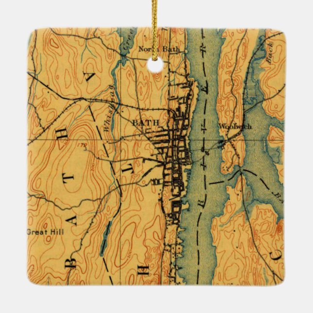 Bath Maine Vintage Karta 1894 Julgransprydnad Keramik (Baksida)