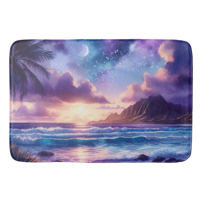 Bath Mat Lila Night Himmel Måne Tropical Beach Badrumsmatta (Framsidan)
