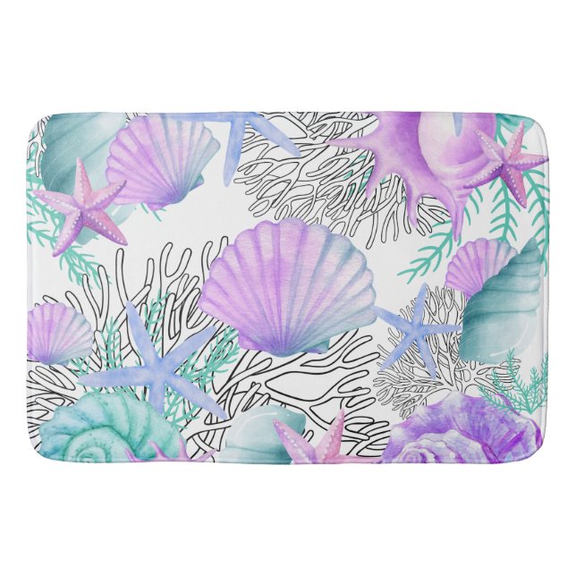 Bath Mat Lila Rosa Teal and White Seashells Badrumsmatta (Framsidan)