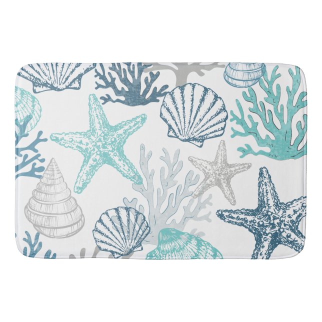Bath Mat Seashell Starfish Mönster Blue och Teal Badrumsmatta (Framsidan)