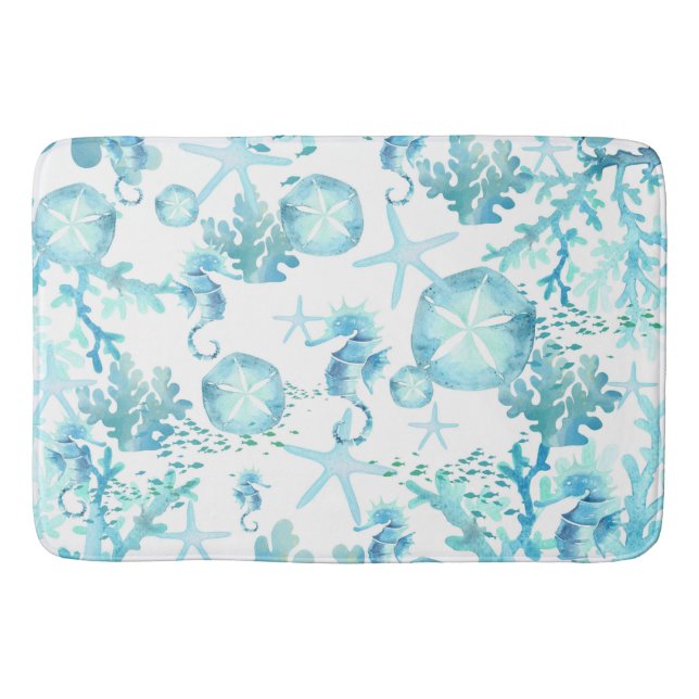 Bath Mat Teal Blue Seahorse Sanddollar Seashells Badrumsmatta (Framsidan)