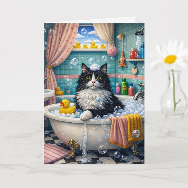 Bath Time , Cat Greeting Card Kort (Liten växt)