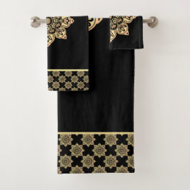 Bath Towel Set guld Medallions on black