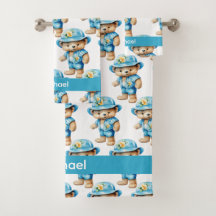 Bath Towel Set med eget namn Blue Nalle Boy