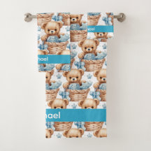 Bath Towel Set med eget namn Blue Nalle Boy