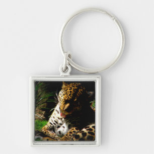 Bathing Leopard Fyrkantig Silverfärgad Nyckelring