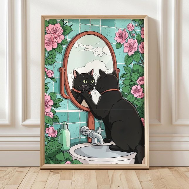 Bathroom Black Cat in Mirror Print, Funny Japanese Poster (Skapare uppladdad)