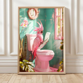 Bathroom Cockatoo on Toilet Print, Bathroom Decor  Poster