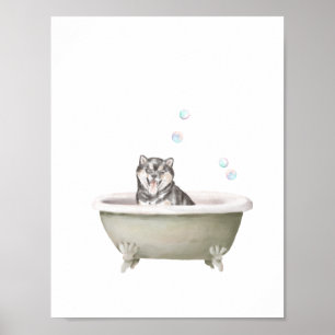 Bathroom Wall Art, Shiba Inu hund i badkaret Poster