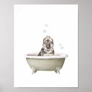 Bathroom Wall Art, tysk Shepherd i en badbalja Poster
