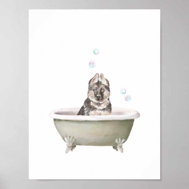 Bathroom Wall Art, tysk Shepherd i en badbalja Poster (Framsidan)