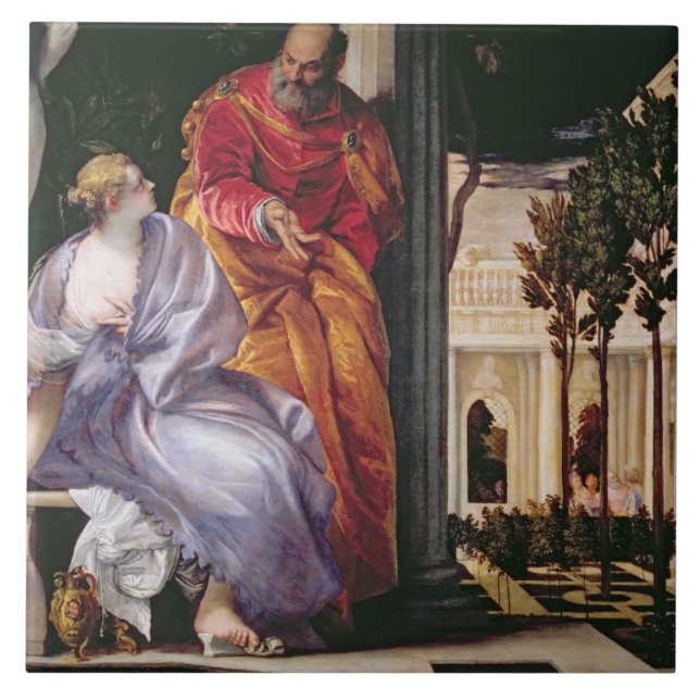 Bathsheba badning, c.1575 (olja på kanfas) kakelplatta (Framsidan)