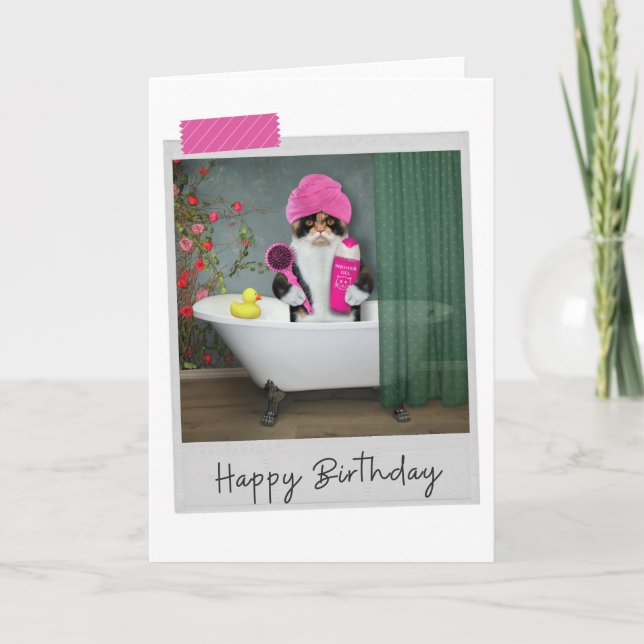Bathtime Calico Cat Funny Birthday Card Kort (Framsida)