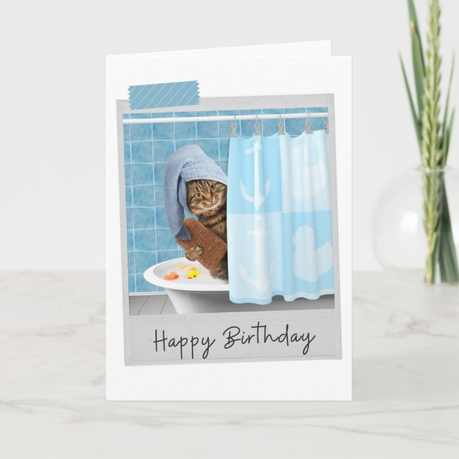 Bathtime Cat Funny Birthday Card Kort (Framsida)