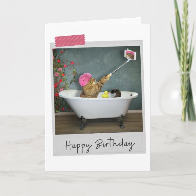 Bathtime Selfie Cat Funny Birthday Card Kort (Framsida)