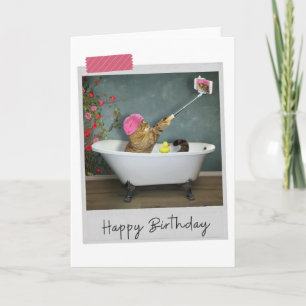 Bathtime Selfie Cat Funny Birthday Card Kort