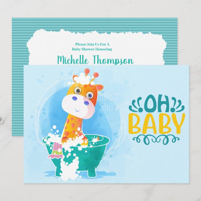 Bathtub Giraffe Baby Shower-inbjudan till Cute Tea Inbjudningar (Fram/baksida)
