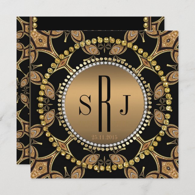 Batik Art Deco Svart Guld Monogram Festinbjudan Inbjudningar (Fram/baksida)