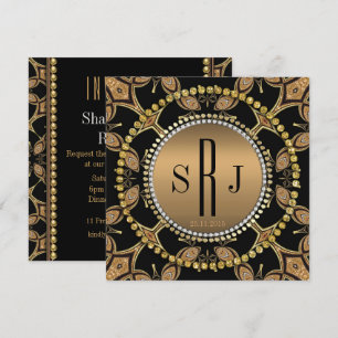 Batik Art Deco Svart Guld Monogram Inbjudan till f