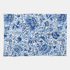 Batik blommönster blått och vitt kökshandduk