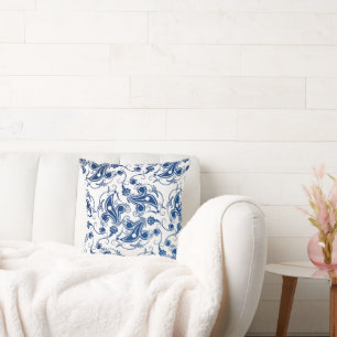 Batik Blue and White Illustrated Blommönster Kudde