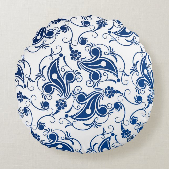 Batik Blue and White Illustrated Blommönster Rund Kudde (Framsidan)