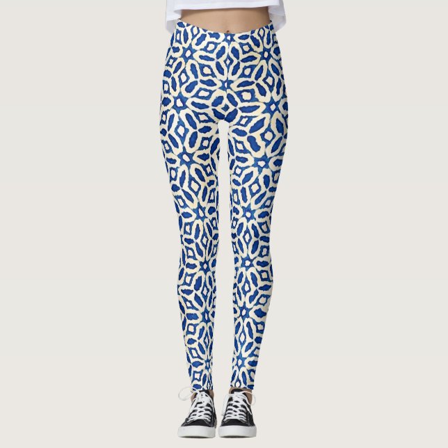 Batik Blue White Art Leggings (Framsida)