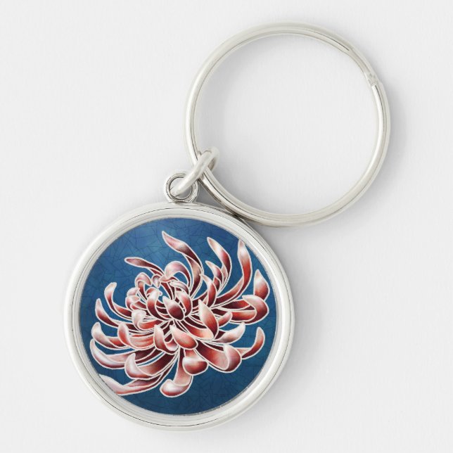 Batik Chrysanthemum Rund Silverfärgad Nyckelring (Framsidan)