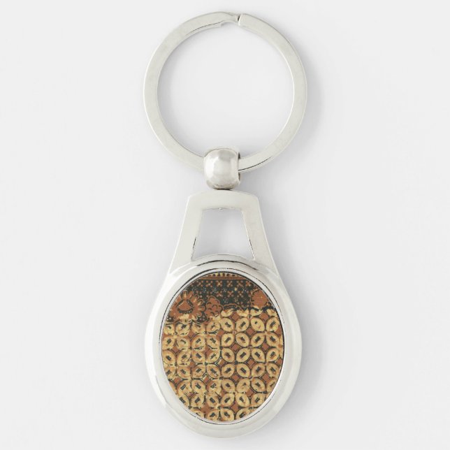 Batik Earthy Kaffeeböna Elegant Rustik Robust Ovalt Silverfärgad Nyckelring (Framsidan)