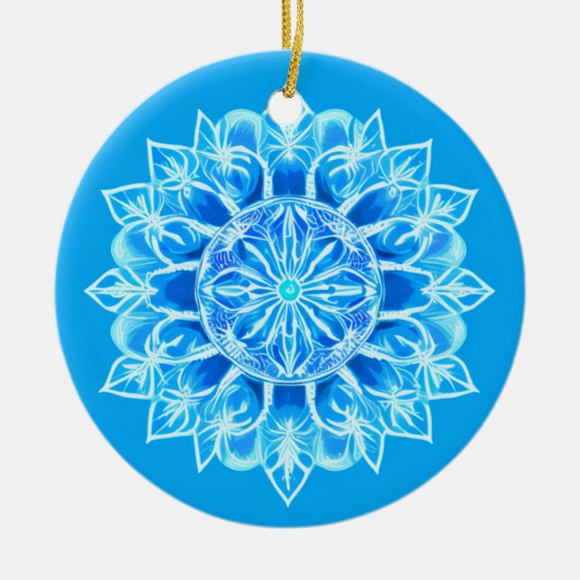 Batik Mandala Blomma i Turkos Julgransprydnad Keramik (Framsidan)