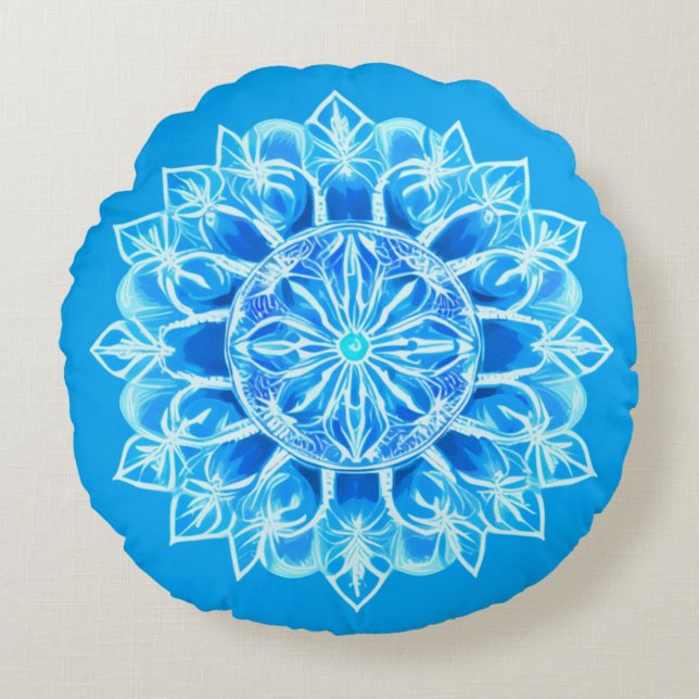 Batik Mandala-blomma i turkos Rund Kudde (Framsidan)