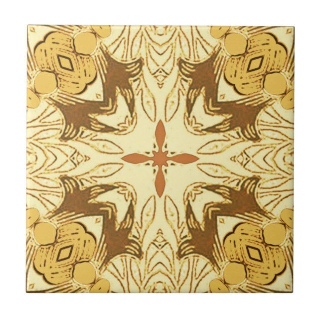 Batik Mandala Mönster Mustard Guld och Brown Kakelplatta (Framsidan)
