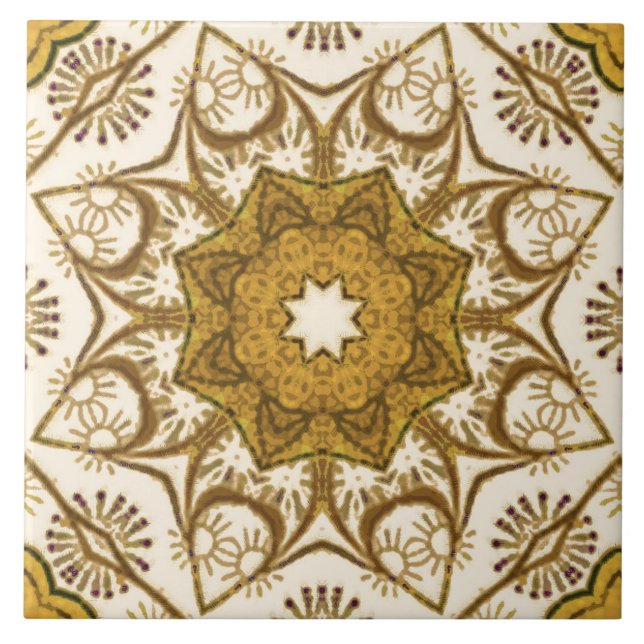 Batik Mandala Mönster Mustard Guld och Cream Kakelplatta (Framsidan)