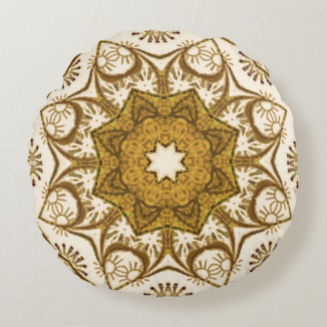 Batik Mandala Mönster Mustard Guld och Cream Rund Kudde (Framsidan)