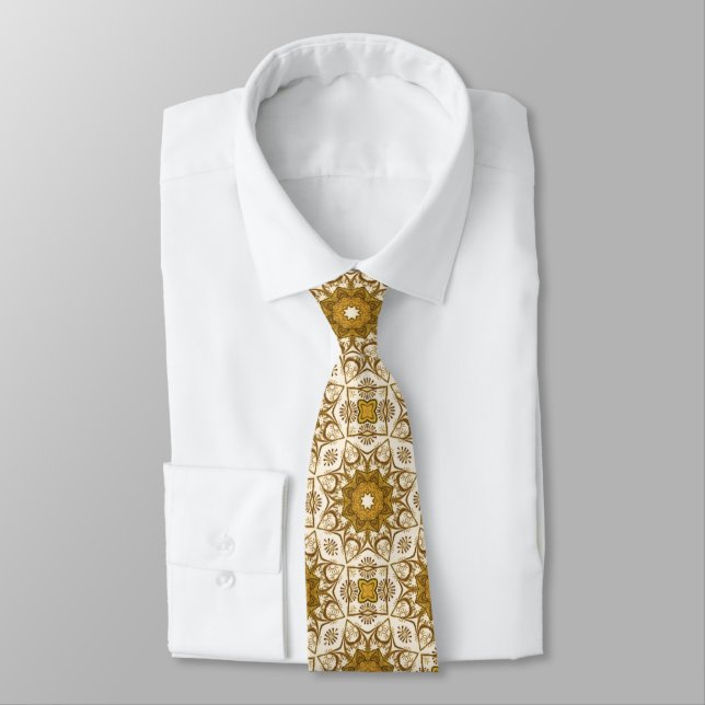 Batik Mandala Mönster Mustard Guld och Cream Slips (Bunden)