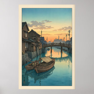 Båtkanalväggkonst Hasui Kawase Skymningsscen (blå Poster