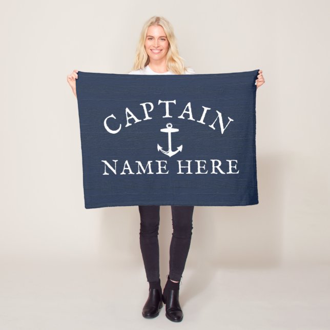 Båtkapten Namn Nautical Anchor Navy Blue Fleecefilt (På plats)