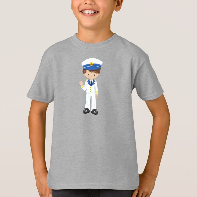 Båtkapten, Skipper, Brown Hair, Cute Boy T Shirt (Framsida)