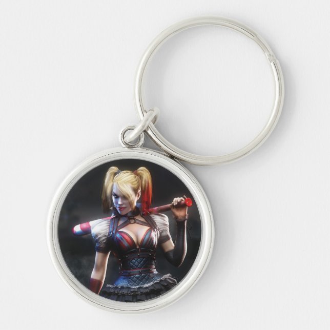 Batman Arkham Knight | Harley Quinn med Fladdermus Rund Silverfärgad Nyckelring (Framsidan)