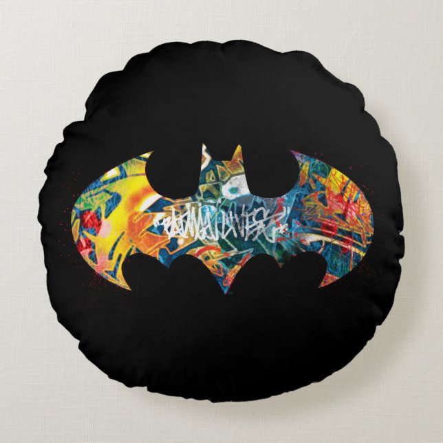Batman Logotyp Neon/80 s Graffiti Rund Kudde (Framsidan)