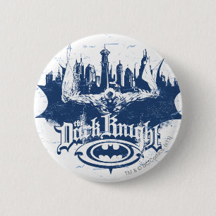 Batman Mörk Knight Blått Logotyp i Cityscape Knapp