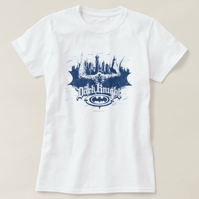 Batman Mörk Knight | Blått Logotyp i Cityscape Tee Shirt (Design framsida)