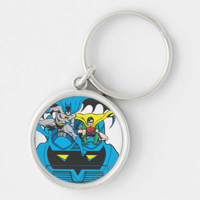 Batman & Robin Ride BatMobile Rund Silverfärgad Nyckelring (Framsidan)